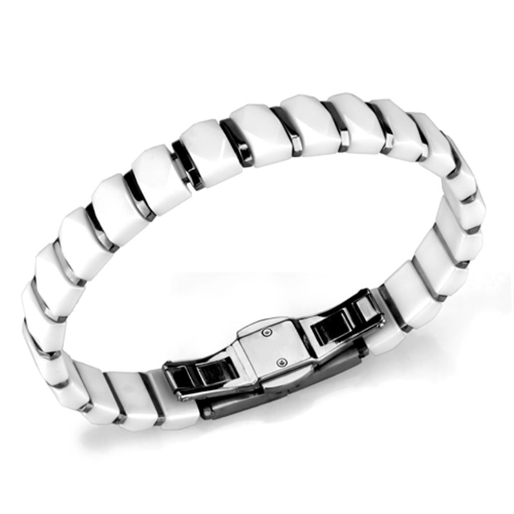 3W991 High Polished Stainless Steel Bracelet featuring a white ceramic center stone, showcasing its elegant design and shiny finish.