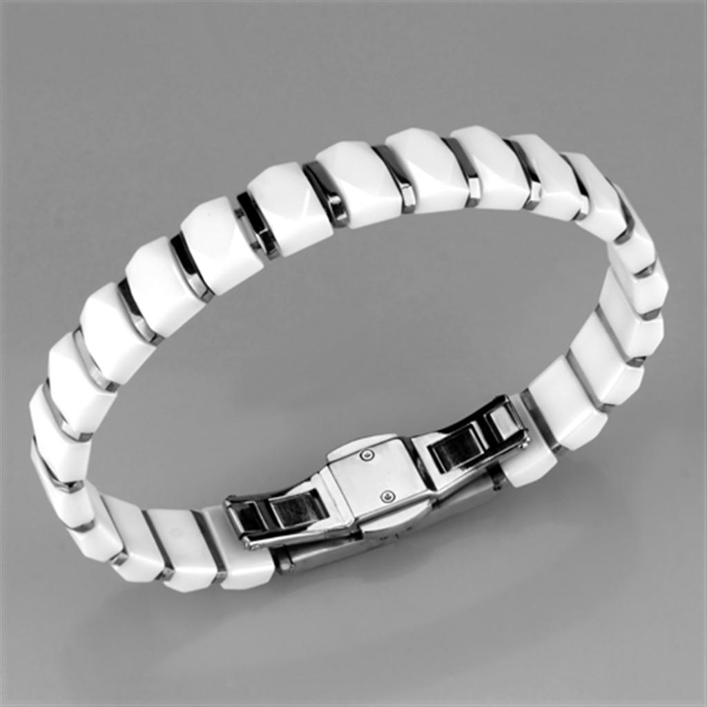 3W991 High Polished Stainless Steel Bracelet featuring a white ceramic center stone, showcasing its elegant design and shiny finish.