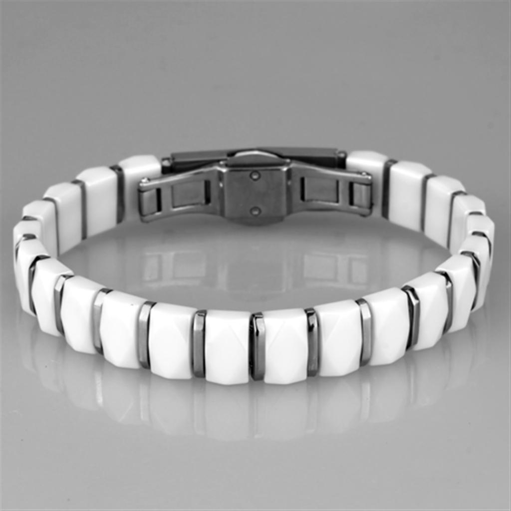 3W991 High Polished Stainless Steel Bracelet featuring a white ceramic center stone, showcasing its elegant design and shiny finish.