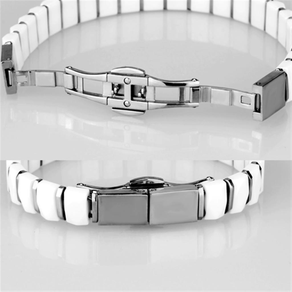 3W991 High Polished Stainless Steel Bracelet featuring a white ceramic center stone, showcasing its elegant design and shiny finish.