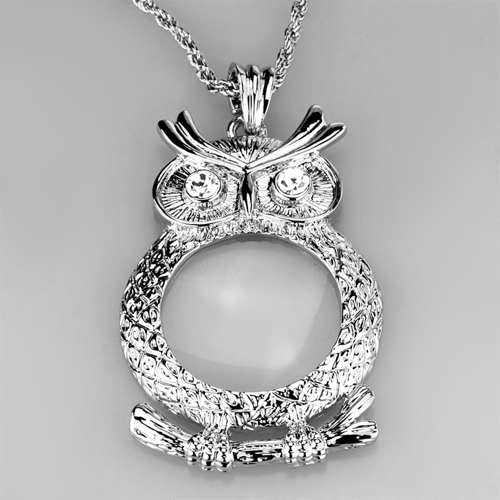 3W919 Rhodium Brass Magnifier pendant featuring a clear top grade crystal centerpiece, elegantly designed for both style and functionality.