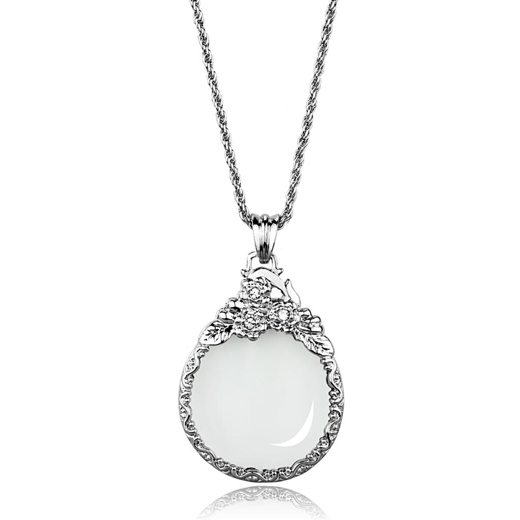 3W920 Rhodium Brass Magnifier pendant featuring a clear top grade crystal centerpiece, elegantly designed for style and functionality.