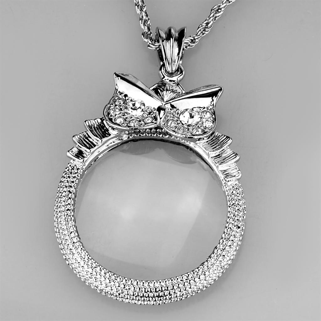 3W921 Rhodium Brass Magnifier pendant featuring a clear top grade crystal centerpiece, elegantly designed for style and functionality.