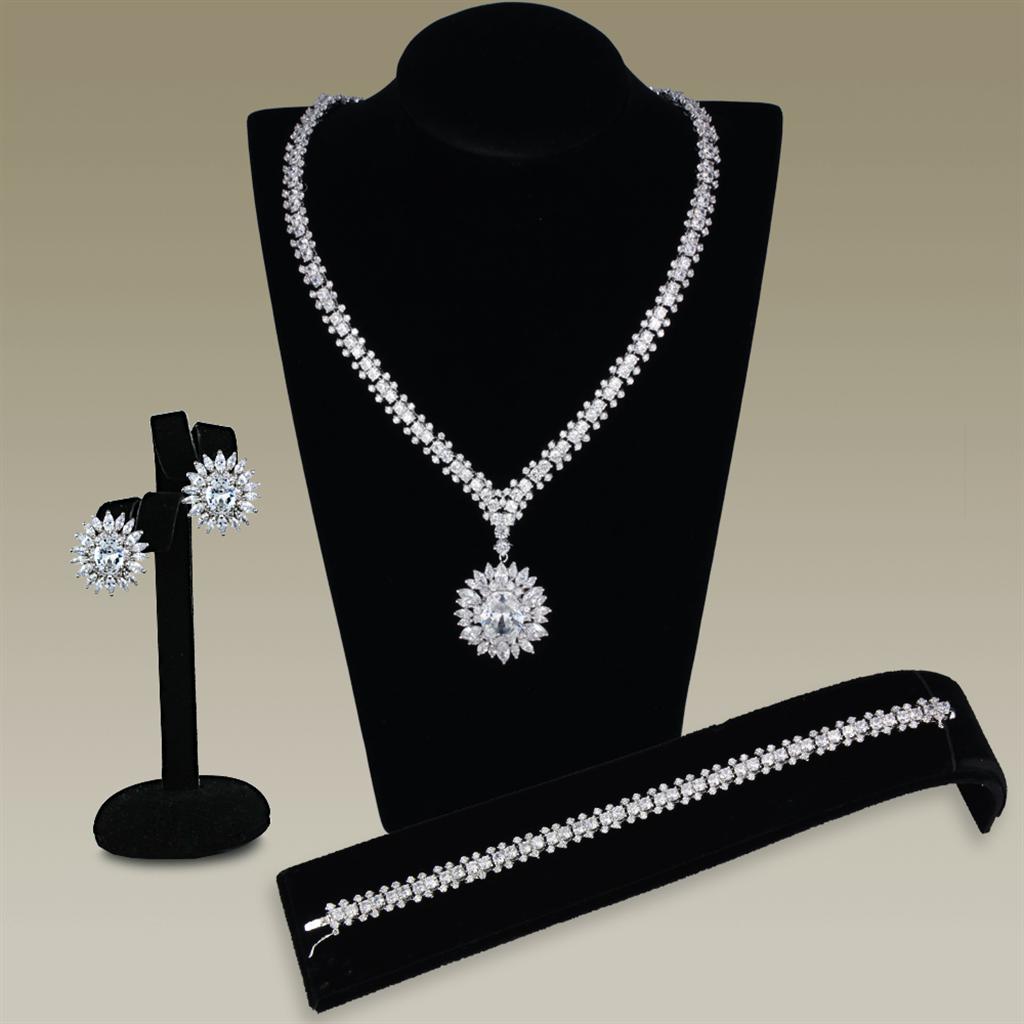 3W927 Rhodium Brass Jewelry Set featuring clear AAA Grade CZ stones, showcasing elegant design and luxurious finish.