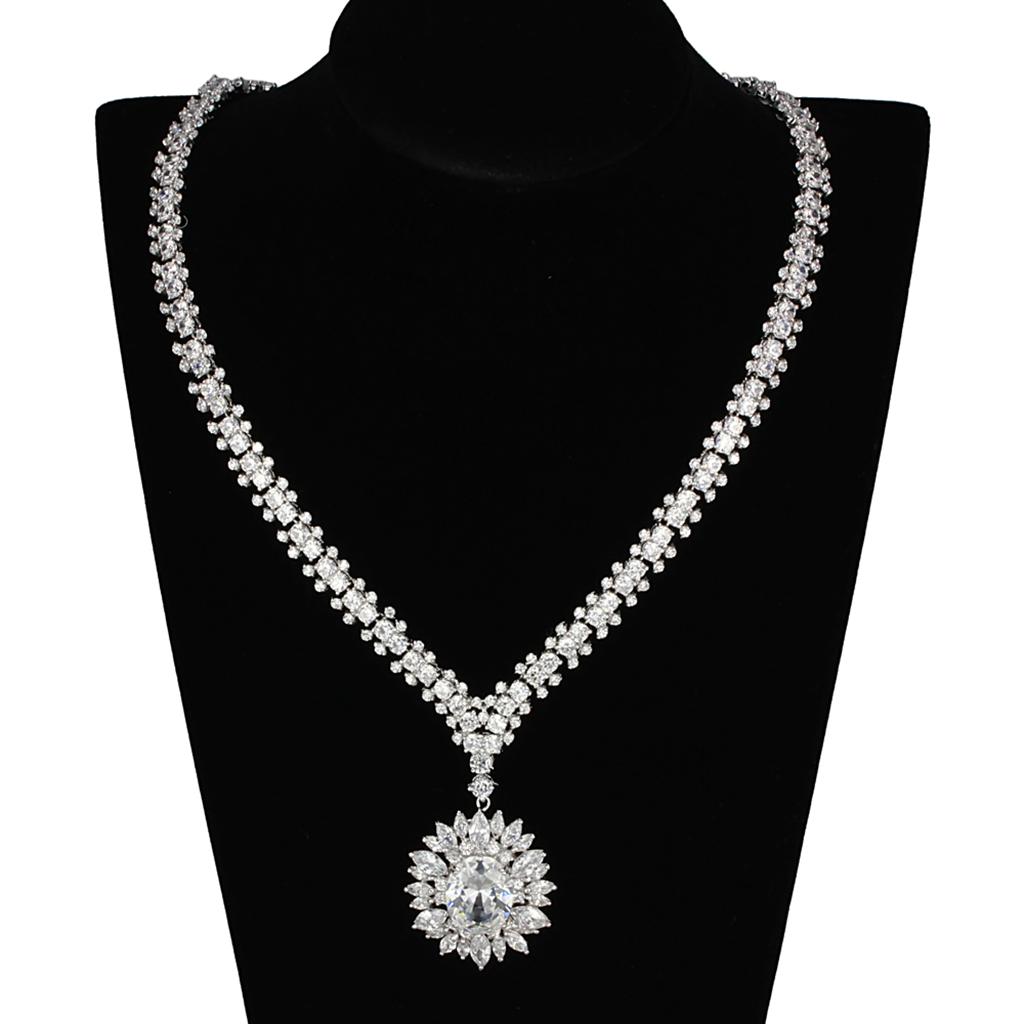 3W927 Rhodium Brass Jewelry Set featuring clear AAA Grade CZ stones, showcasing elegant design and luxurious finish.