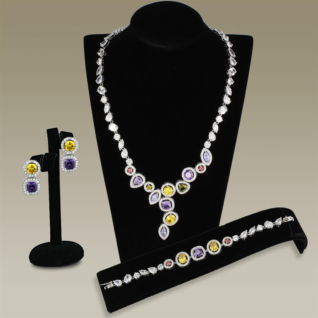 3W930 Rhodium Brass Jewelry Set featuring AAA Grade CZ stones in vibrant multi colors, elegantly displayed.