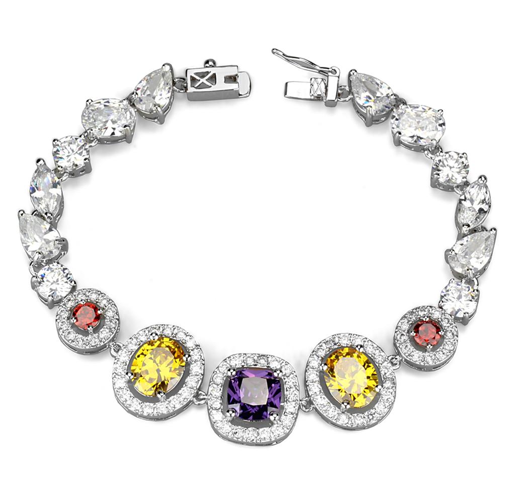 3W930 Rhodium Brass Jewelry Set featuring AAA Grade CZ stones in vibrant multi colors, elegantly displayed.