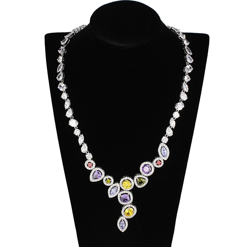 3W930 Rhodium Brass Jewelry Set featuring AAA Grade CZ stones in vibrant multi colors, elegantly displayed.