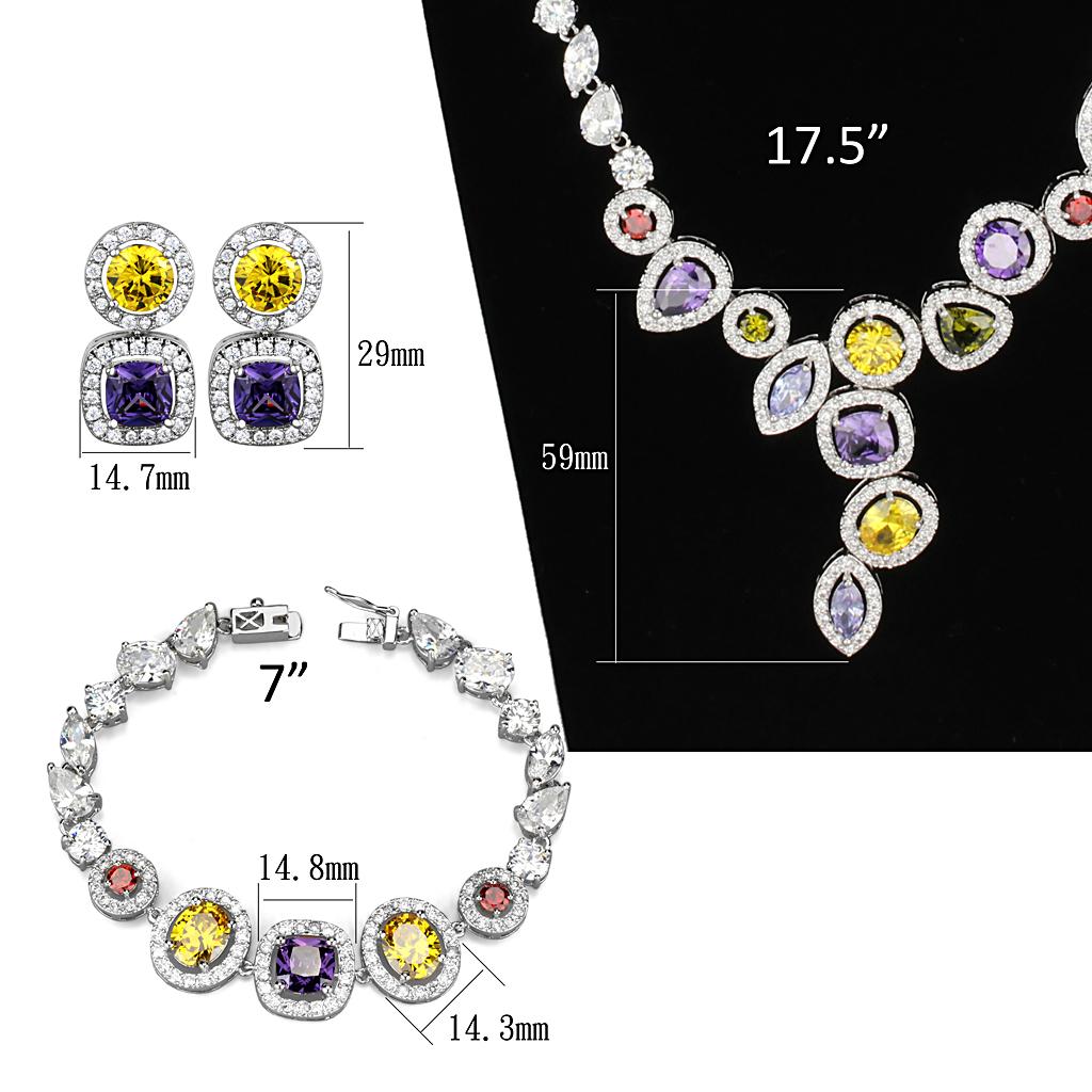 3W930 Rhodium Brass Jewelry Set featuring AAA Grade CZ stones in vibrant multi colors, elegantly displayed.