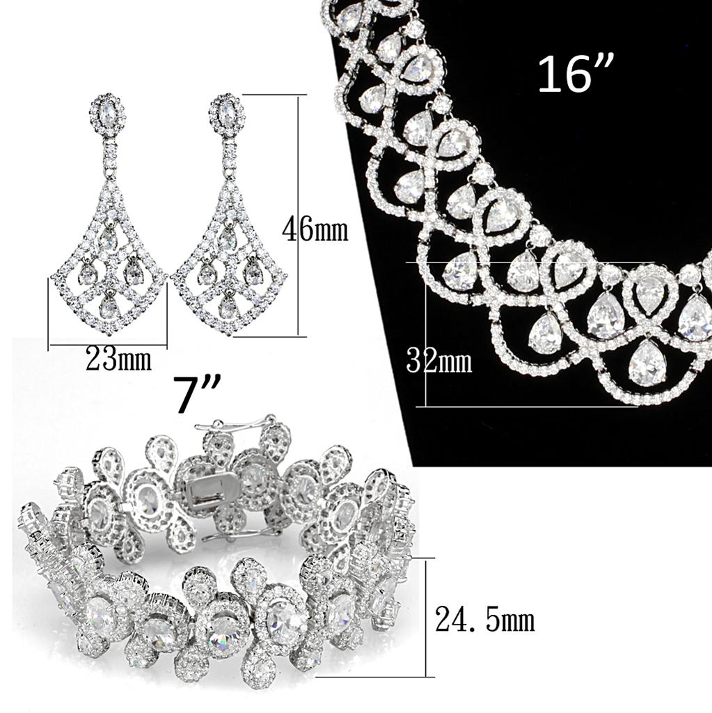 3W931 Rhodium Brass Jewelry Set featuring clear AAA Grade CZ stones, elegantly designed for special occasions.