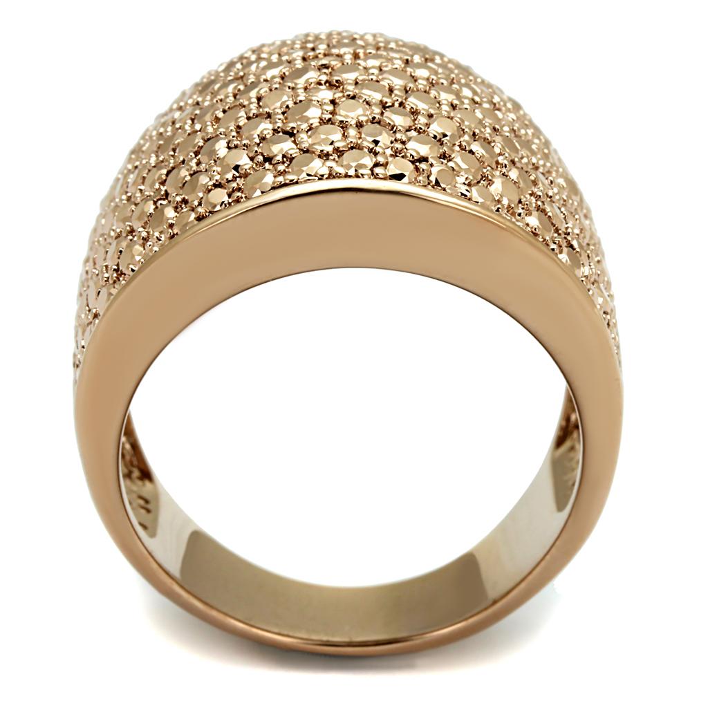 3W935 IP Rose Gold Brass Ring featuring AAA Grade CZ stone, showcasing a luxurious design with a metallic light gold center stone.