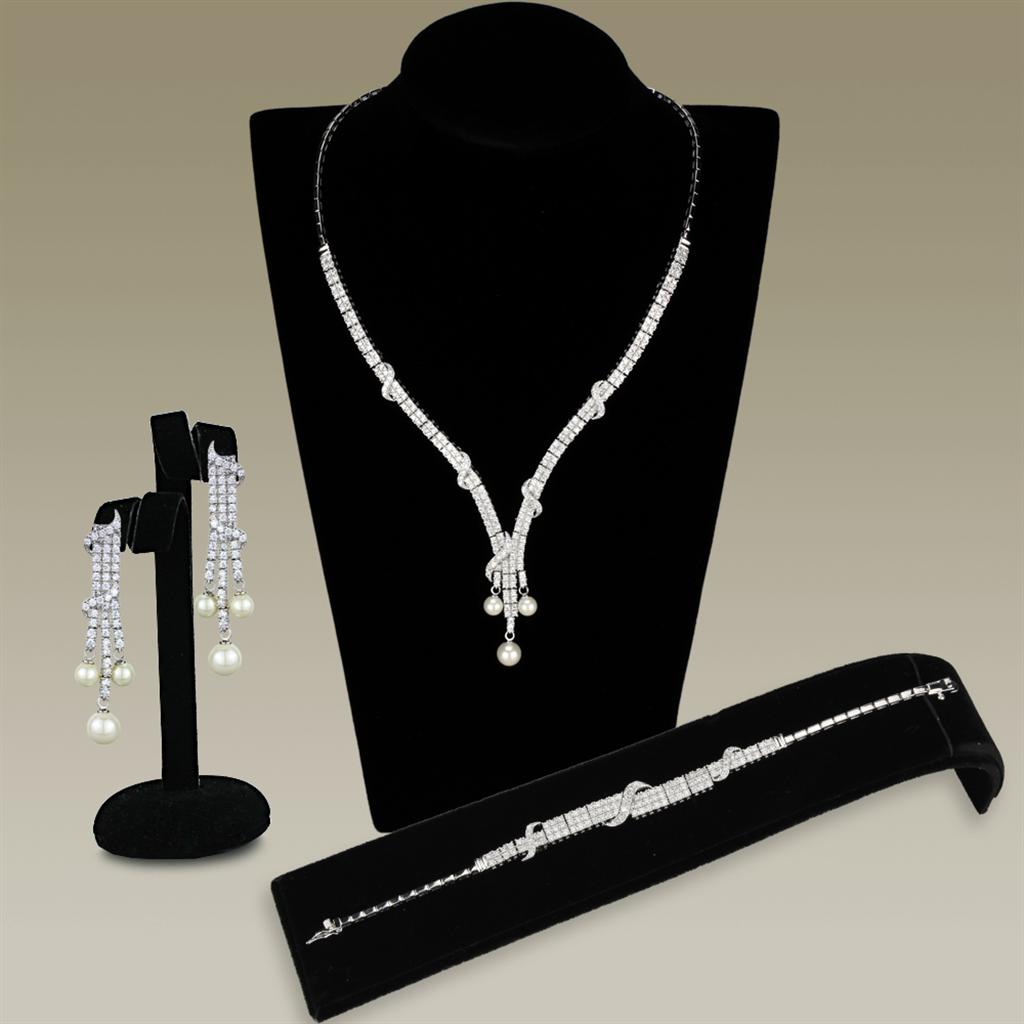 3W939 Rhodium Brass Jewelry Set featuring AAA Grade Clear CZ stones, elegantly designed for special occasions.