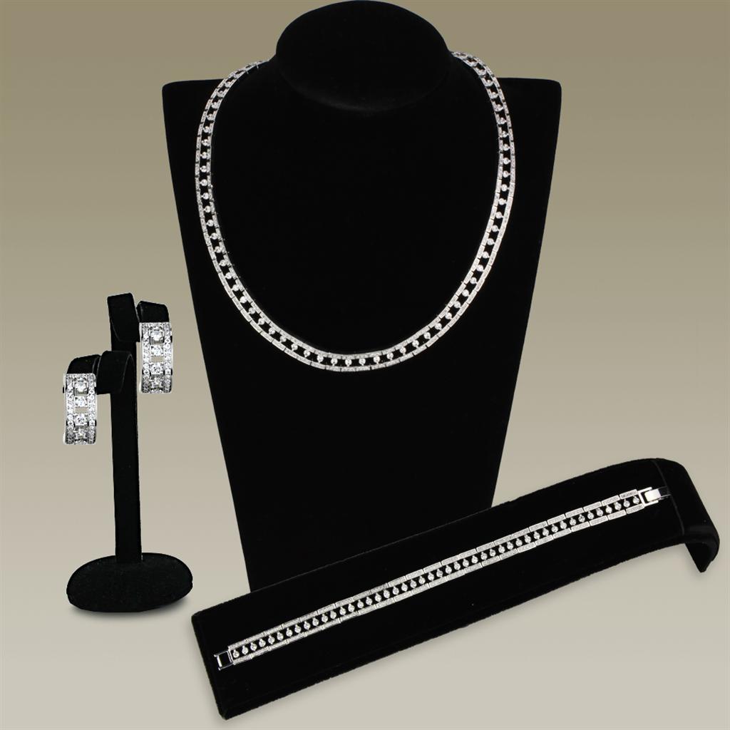 3W944 Rhodium Brass Jewelry Set featuring AAA Grade Clear CZ stones, elegantly designed for special occasions.