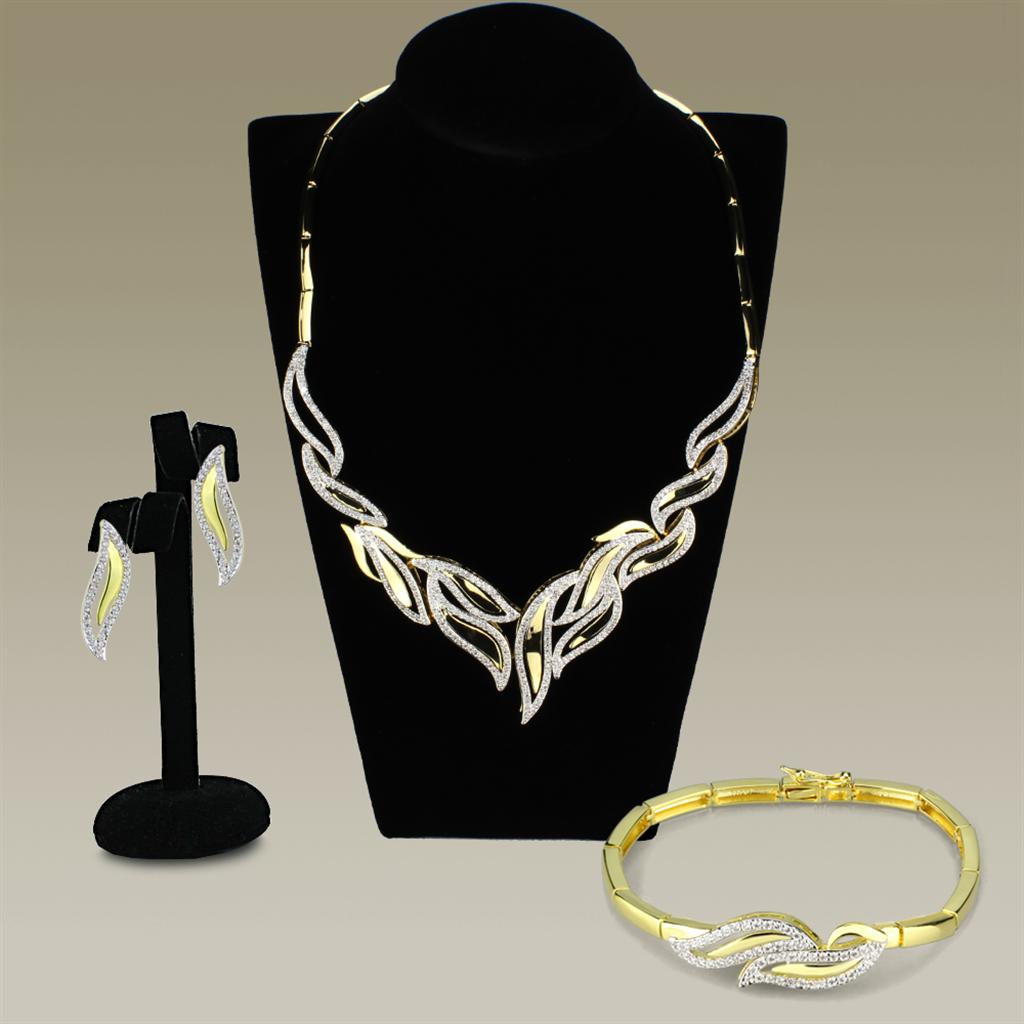 3W941 Gold and Rhodium Brass Jewelry Set featuring AAA Grade CZ stones, showcasing elegant design and luxurious finish.