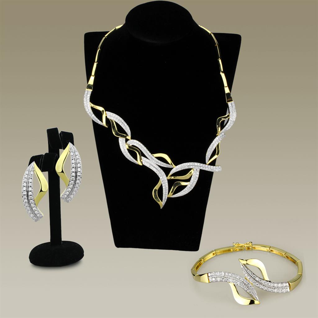 3W942 Gold and Rhodium Brass Jewelry Set featuring AAA Grade Clear CZ Stones, elegantly designed for style and durability.