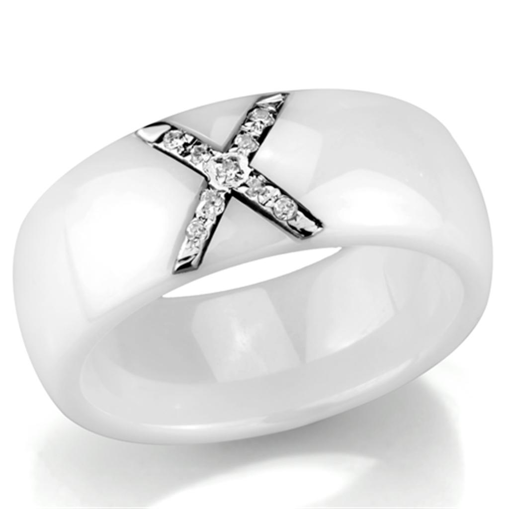 3W948 High Polished Stainless Steel Ring featuring a white ceramic center stone, showcasing a sleek and modern design.