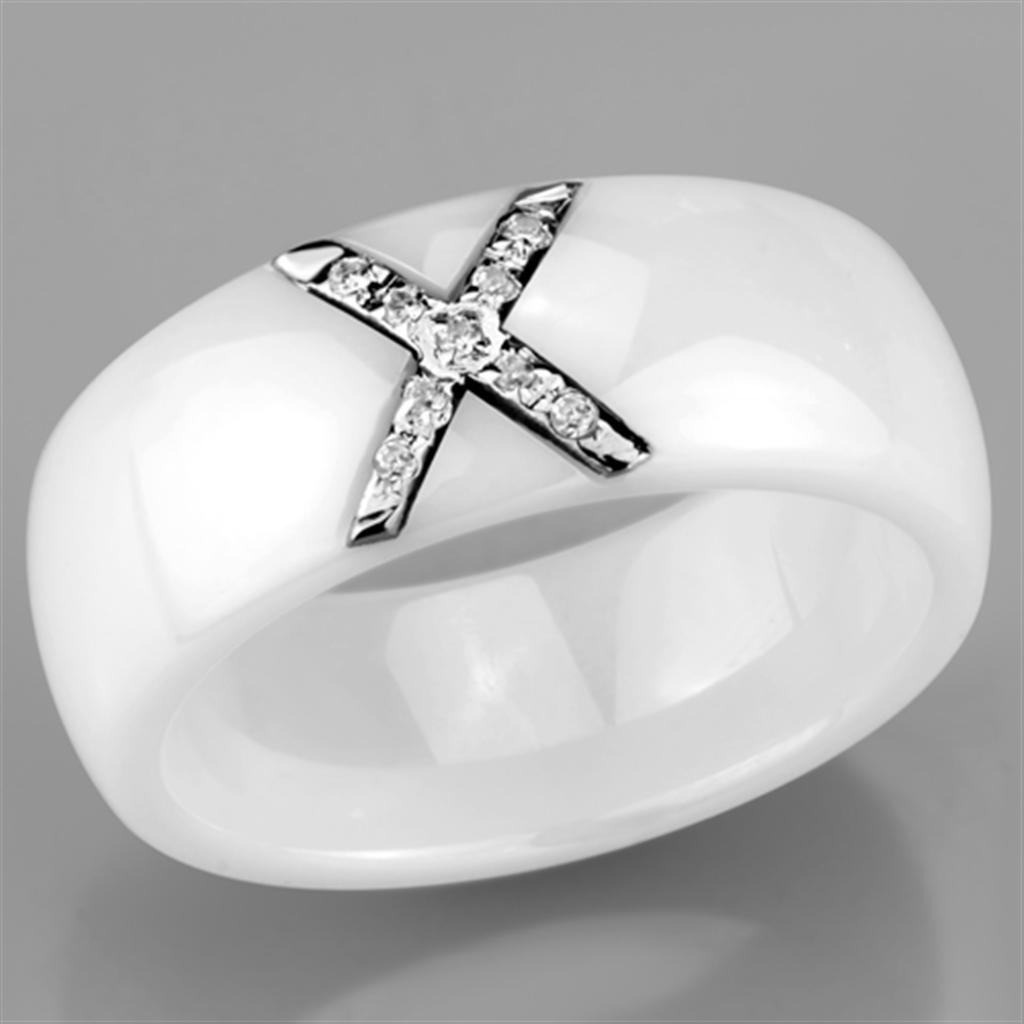 3W948 High Polished Stainless Steel Ring featuring a white ceramic center stone, showcasing a sleek and modern design.