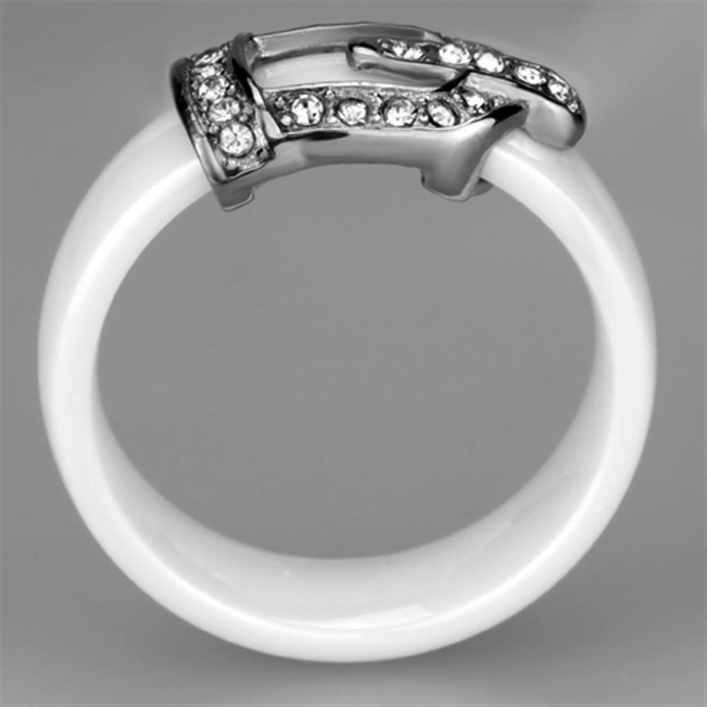 3W955 High Polished Stainless Steel Ring featuring a white ceramic center stone, showcasing a sleek and elegant design.