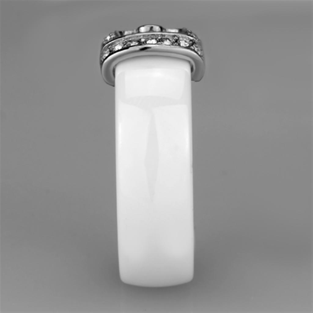 3W955 High Polished Stainless Steel Ring featuring a white ceramic center stone, showcasing a sleek and elegant design.