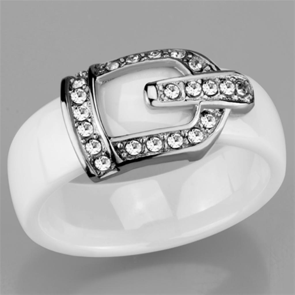 3W955 High Polished Stainless Steel Ring featuring a white ceramic center stone, showcasing a sleek and elegant design.