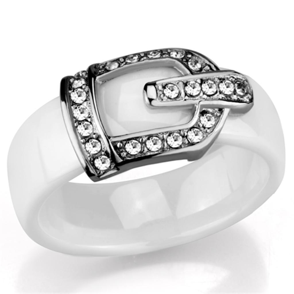 3W955 High Polished Stainless Steel Ring featuring a white ceramic center stone, showcasing a sleek and elegant design.