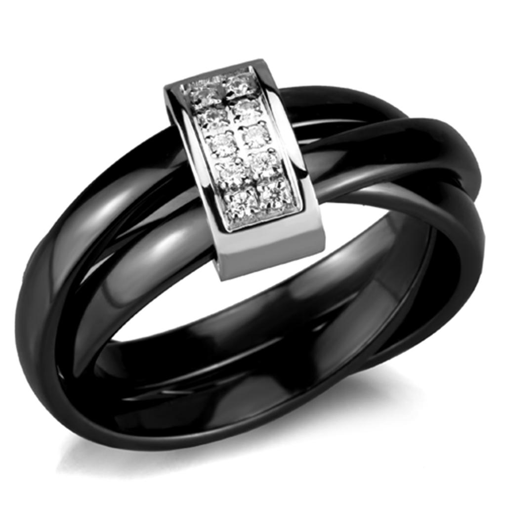 3W950 High Polished Stainless Steel Ring featuring a Jet Black Ceramic Center Stone, showcasing its elegant design and shiny finish.