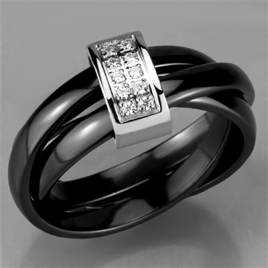 3W950 High Polished Stainless Steel Ring featuring a Jet Black Ceramic Center Stone, showcasing its elegant design and shiny finish.