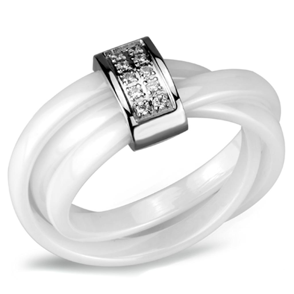 3W951 High Polished Stainless Steel Ring featuring a white ceramic center stone, showcasing a sleek and modern design.