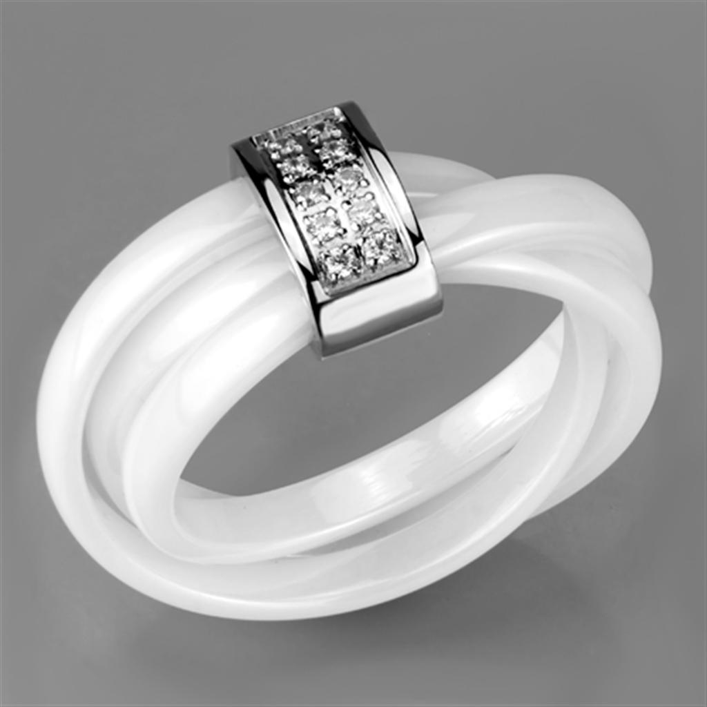 3W951 High Polished Stainless Steel Ring featuring a white ceramic center stone, showcasing a sleek and modern design.