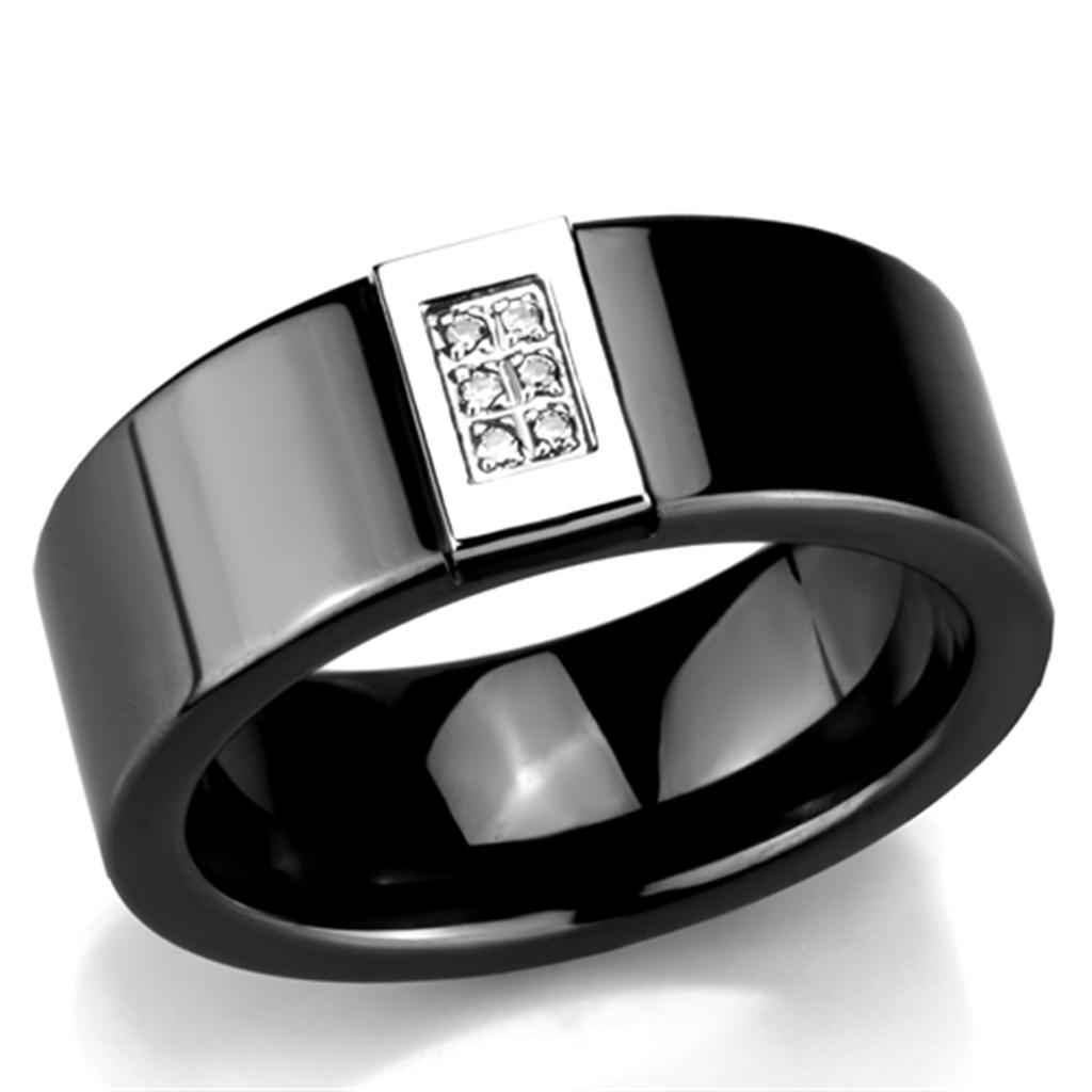 3W953 High Polished Stainless Steel Ring featuring a jet black ceramic center stone, showcasing a sleek and modern design.