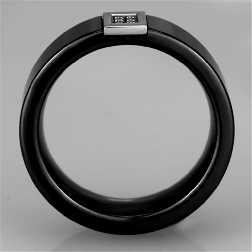 3W953 High Polished Stainless Steel Ring featuring a jet black ceramic center stone, showcasing a sleek and modern design.