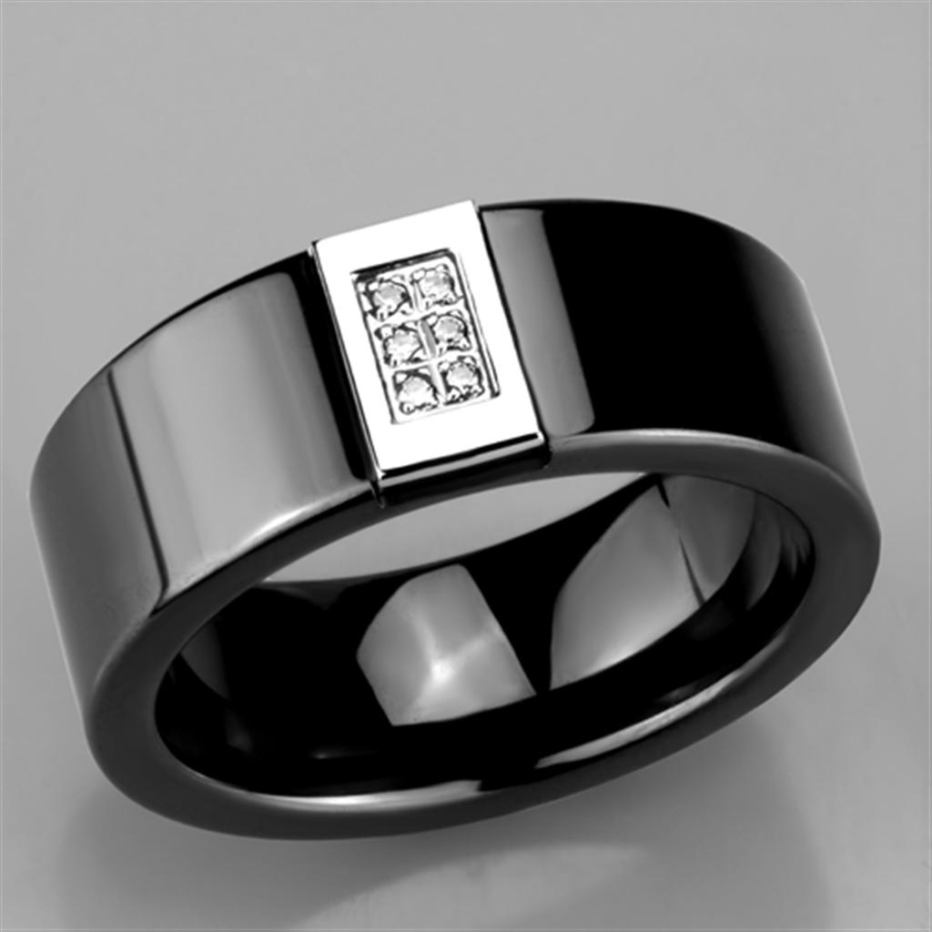 3W953 High Polished Stainless Steel Ring featuring a jet black ceramic center stone, showcasing a sleek and modern design.