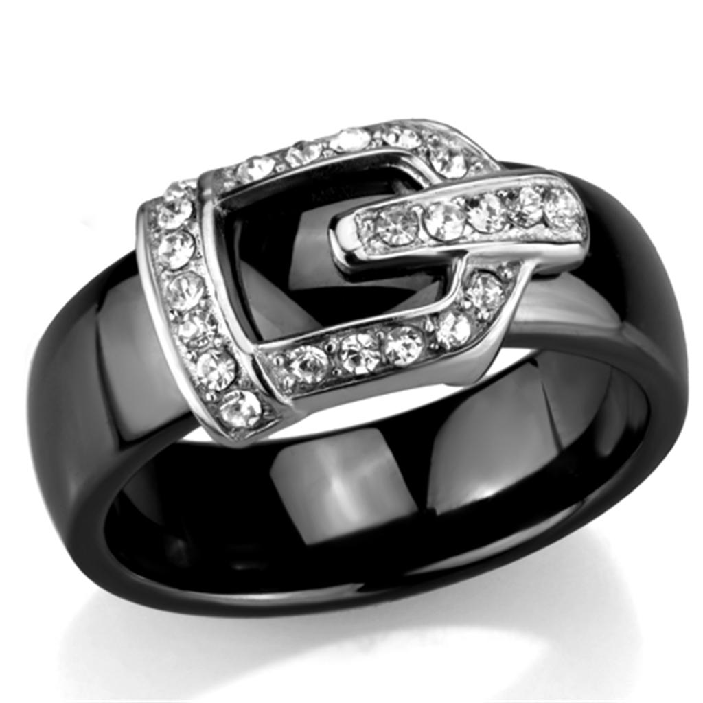 3W954 High Polished Stainless Steel Ring featuring a Jet Black Ceramic Center Stone, showcasing a sleek and modern design.