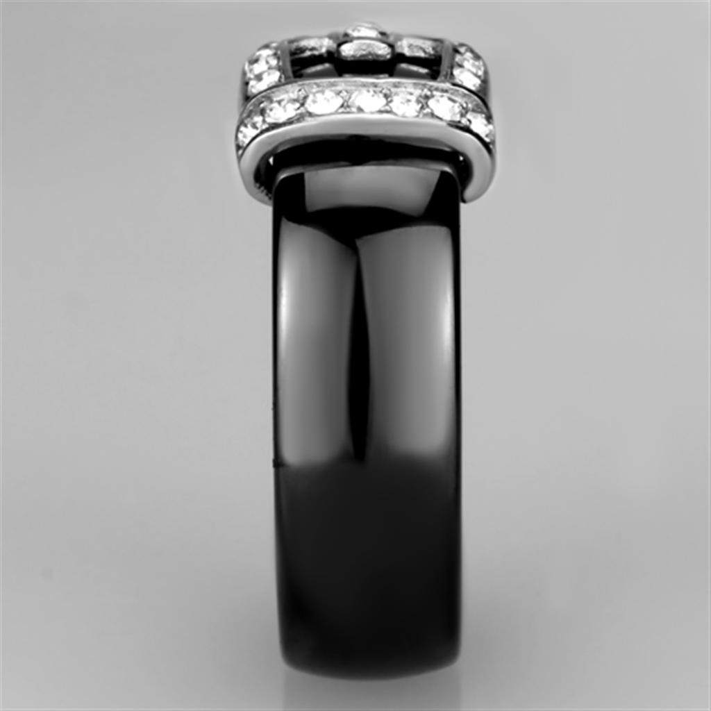 3W954 High Polished Stainless Steel Ring featuring a Jet Black Ceramic Center Stone, showcasing a sleek and modern design.