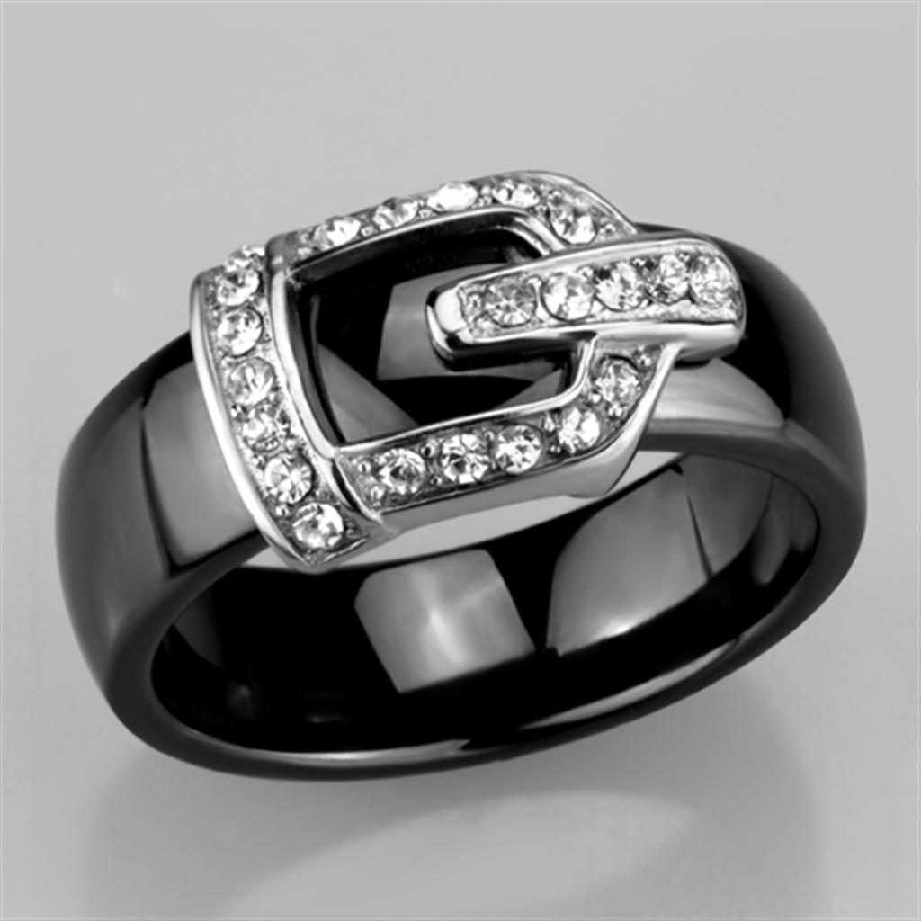 3W954 High Polished Stainless Steel Ring featuring a Jet Black Ceramic Center Stone, showcasing a sleek and modern design.