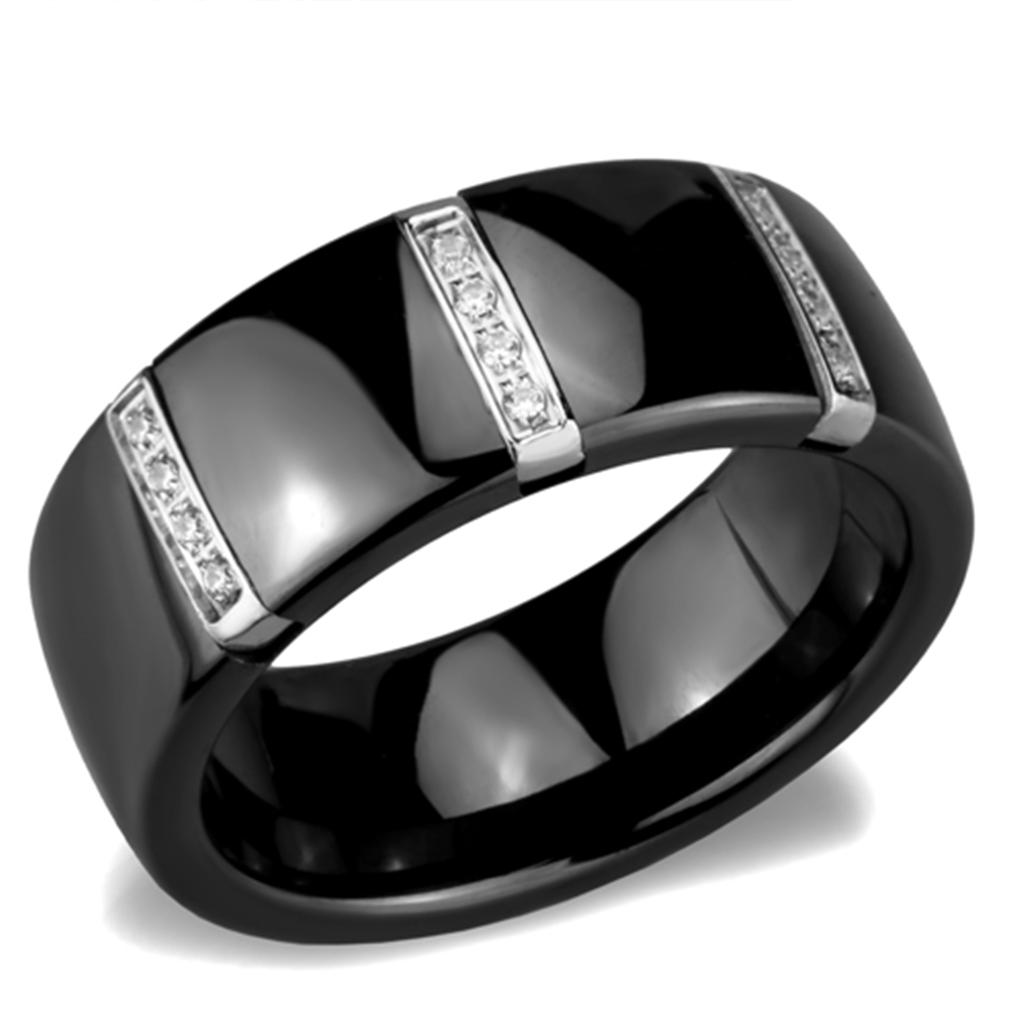 3W956 High Polished Stainless Steel Ring featuring a jet black ceramic center stone, showcasing a sleek and modern design.