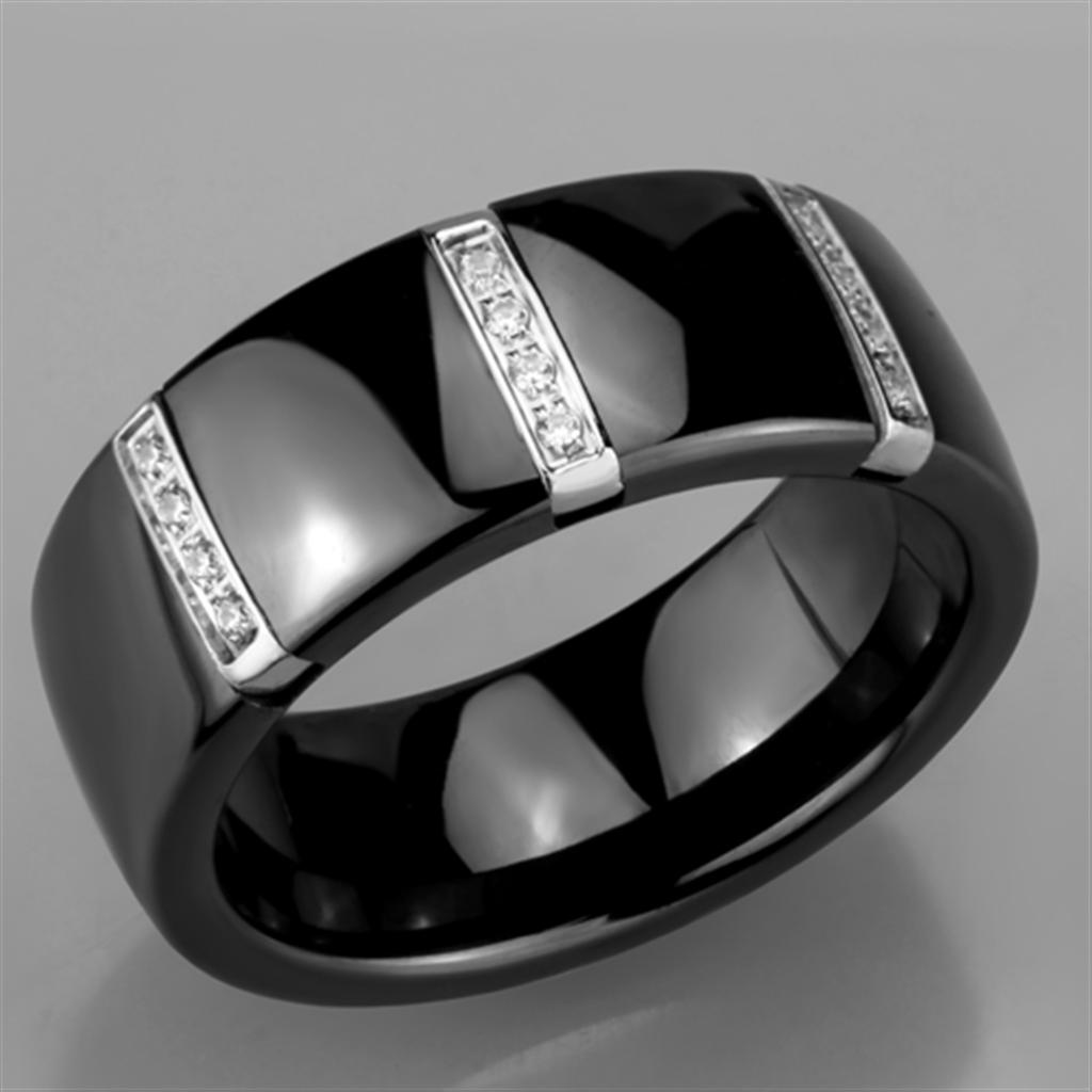 3W956 High Polished Stainless Steel Ring featuring a jet black ceramic center stone, showcasing a sleek and modern design.