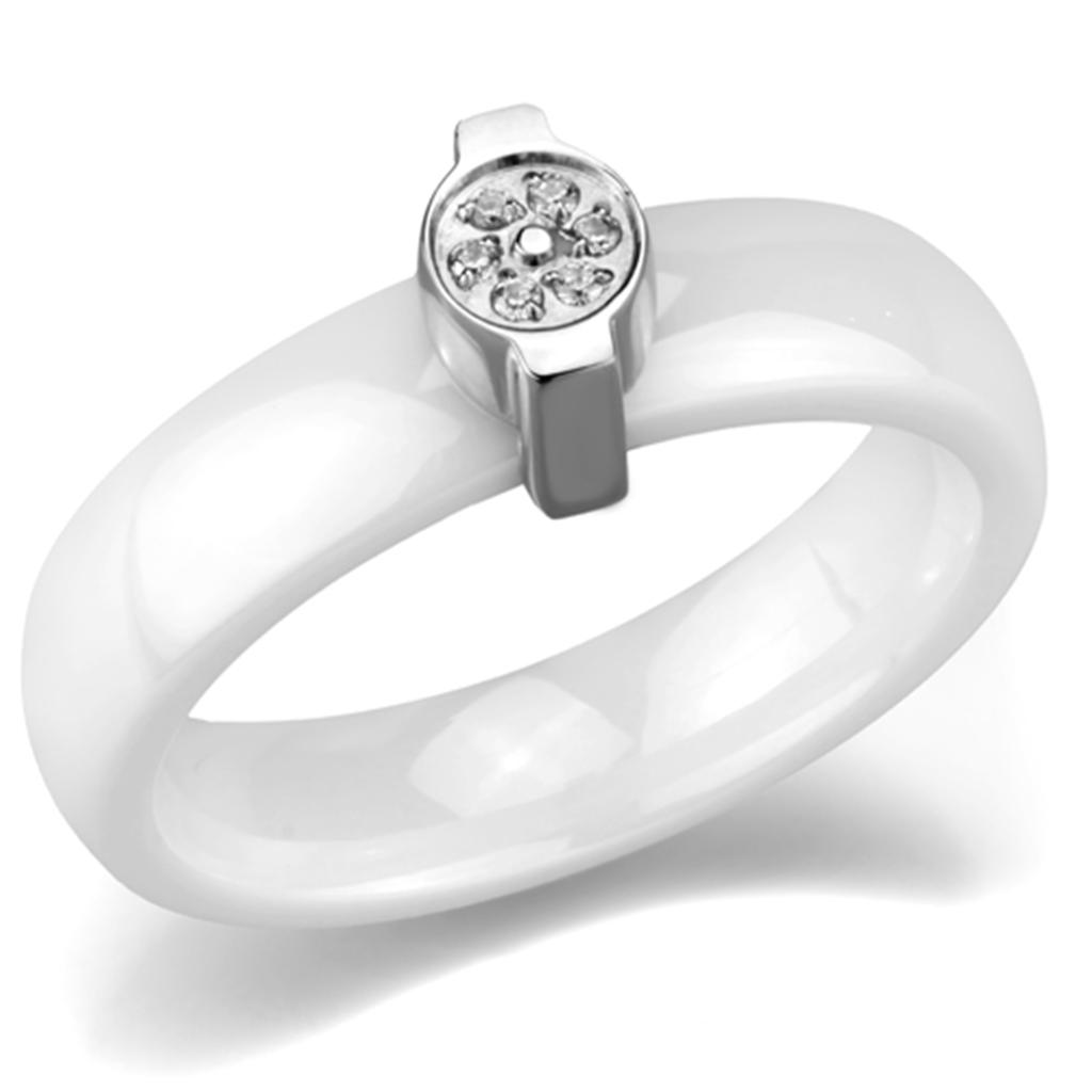 3W958 High Polished Stainless Steel Ring featuring a white ceramic center stone, showcasing a sleek and modern design.