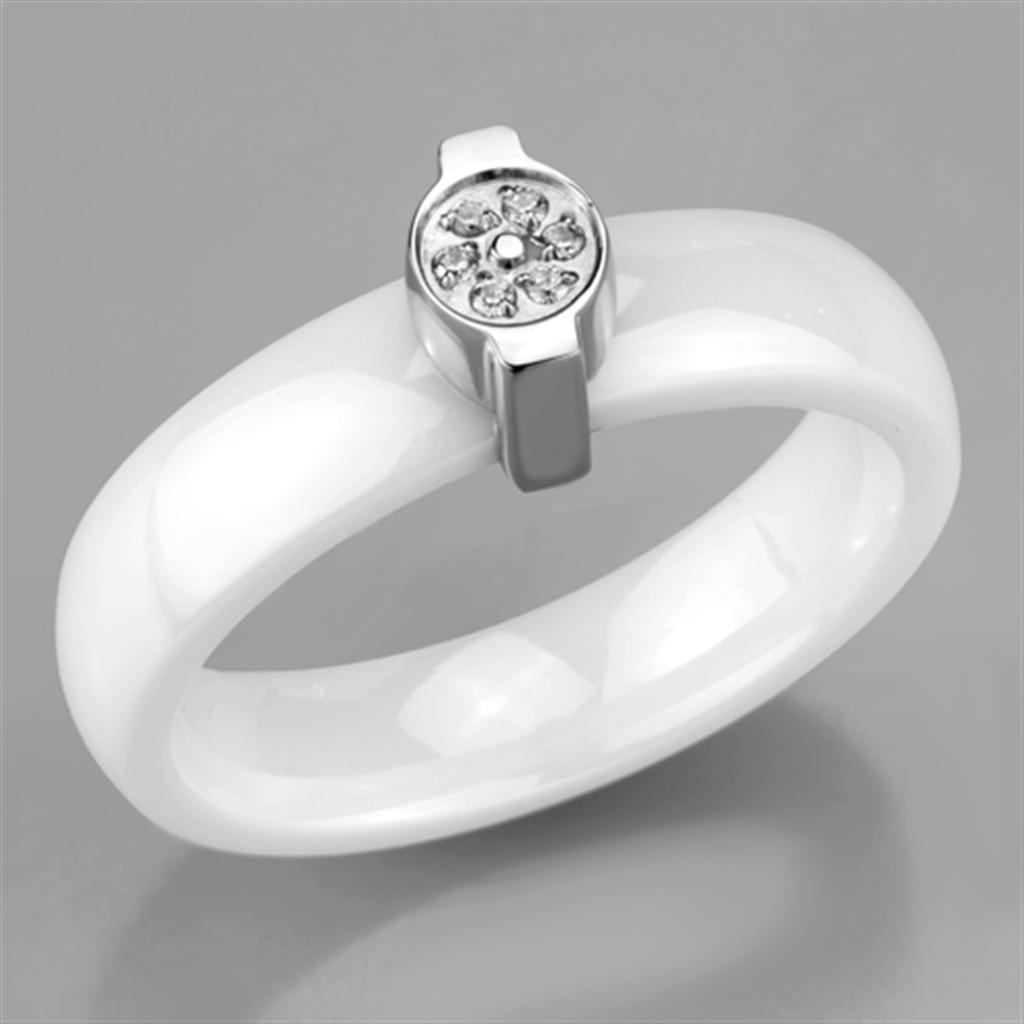 3W958 High Polished Stainless Steel Ring featuring a white ceramic center stone, showcasing a sleek and modern design.