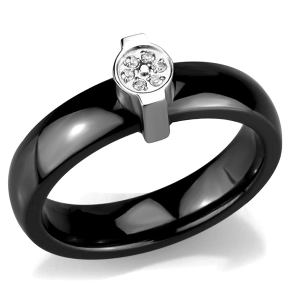 3W959 High Polished Stainless Steel Ring featuring a jet black ceramic center stone, showcasing a sleek and elegant design.