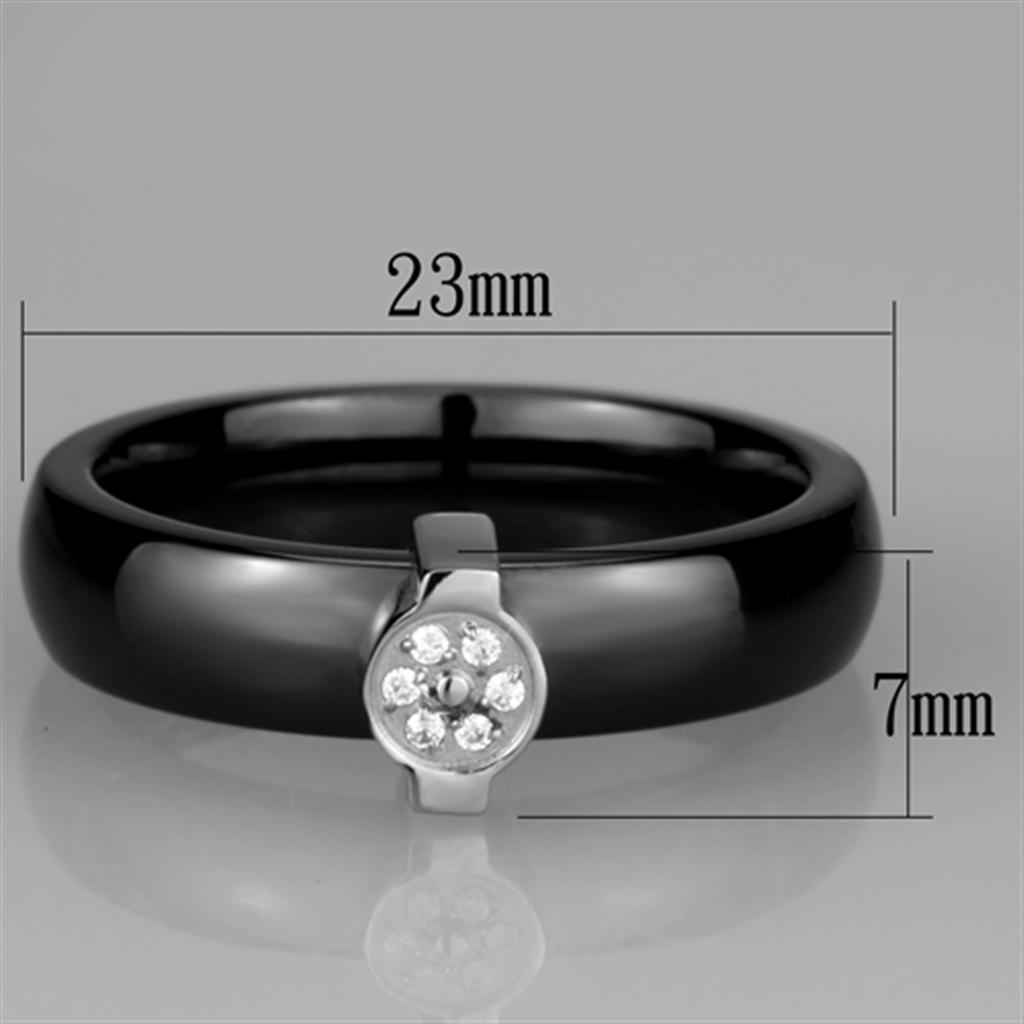 3W959 High Polished Stainless Steel Ring featuring a jet black ceramic center stone, showcasing a sleek and elegant design.