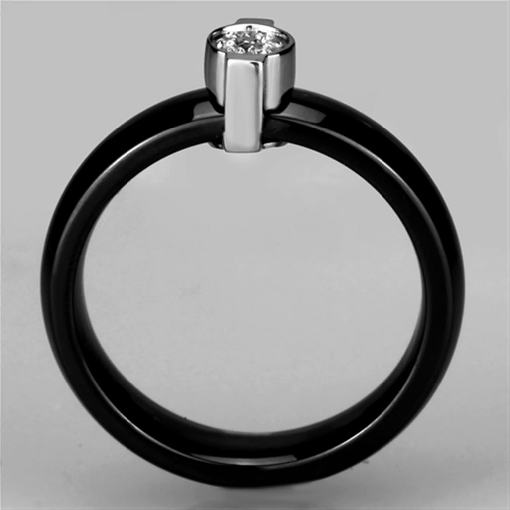 3W959 High Polished Stainless Steel Ring featuring a jet black ceramic center stone, showcasing a sleek and elegant design.