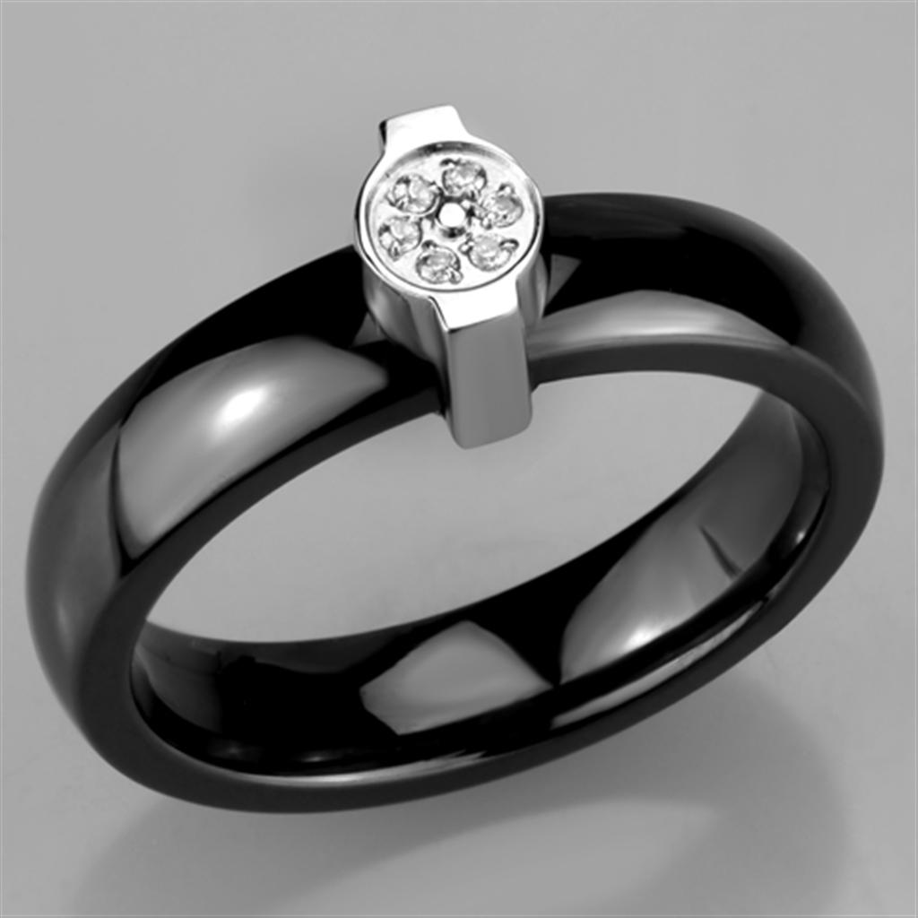 3W959 High Polished Stainless Steel Ring featuring a jet black ceramic center stone, showcasing a sleek and elegant design.