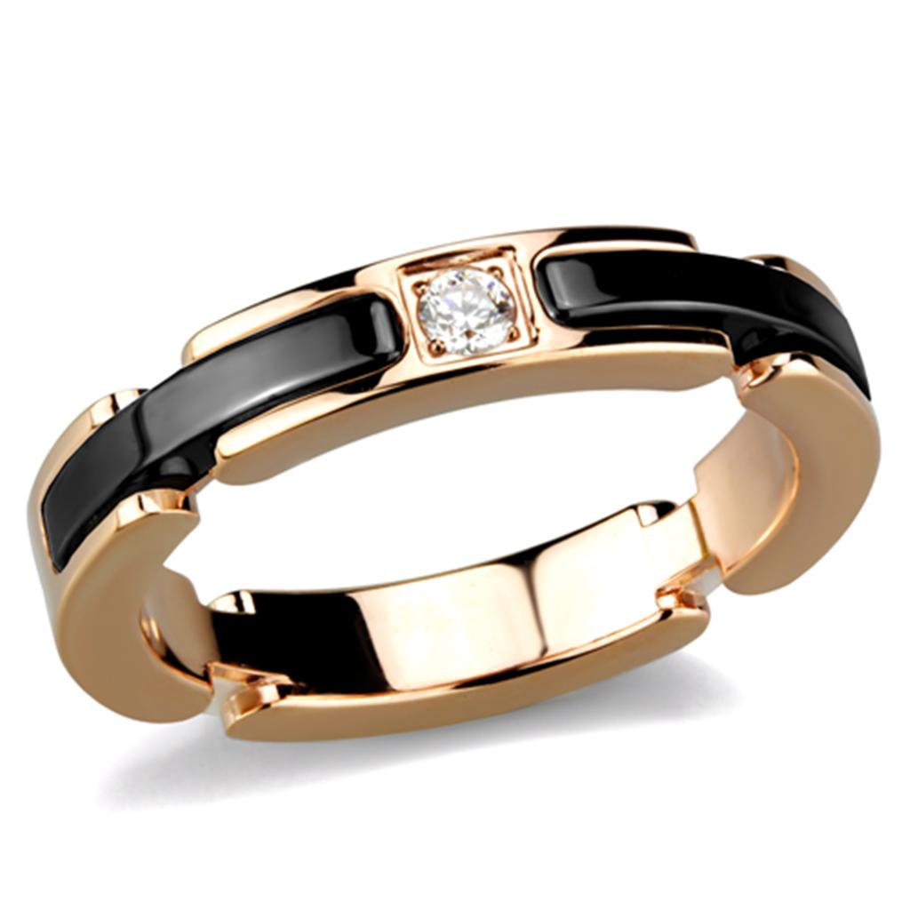 3W960 IP Rose Gold Stainless Steel Ring featuring a jet ceramic center stone, showcasing a modern and elegant design.