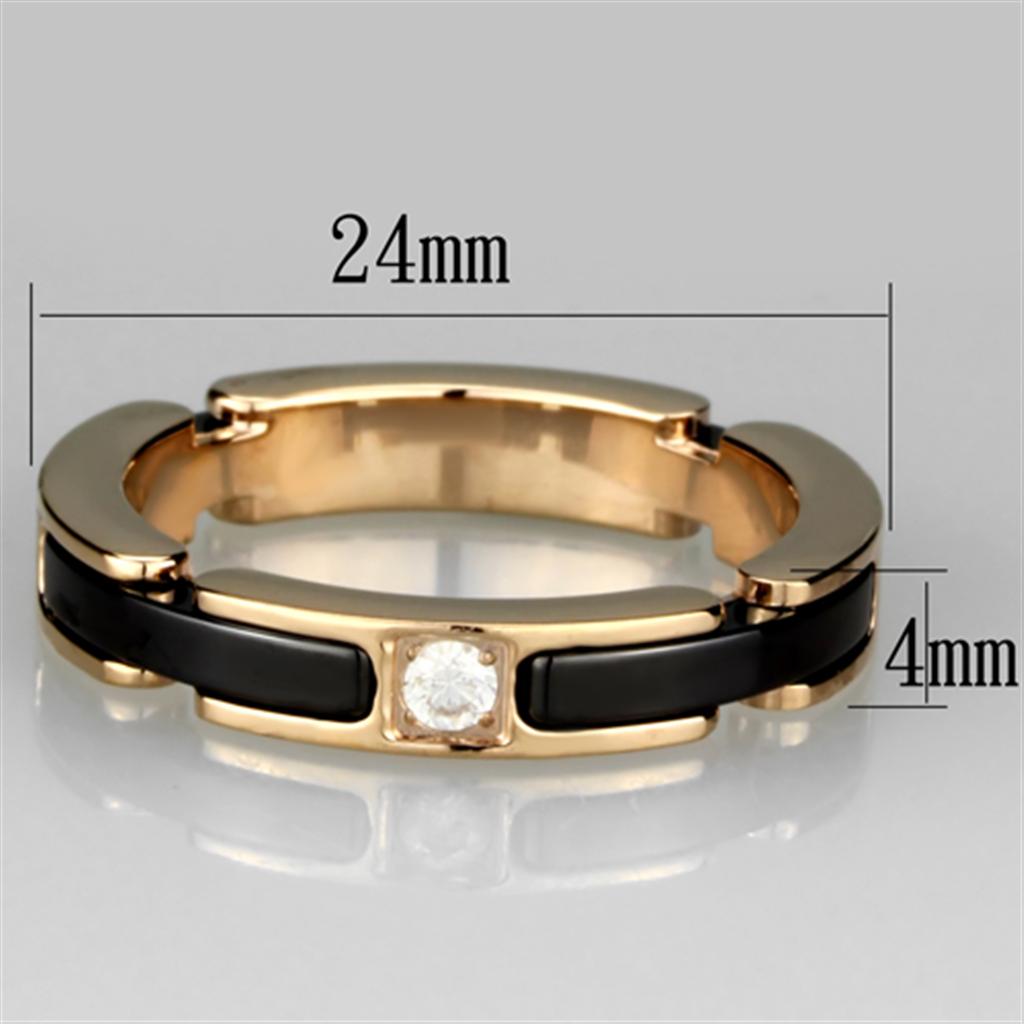 3W960 IP Rose Gold Stainless Steel Ring featuring a jet ceramic center stone, showcasing a modern and elegant design.