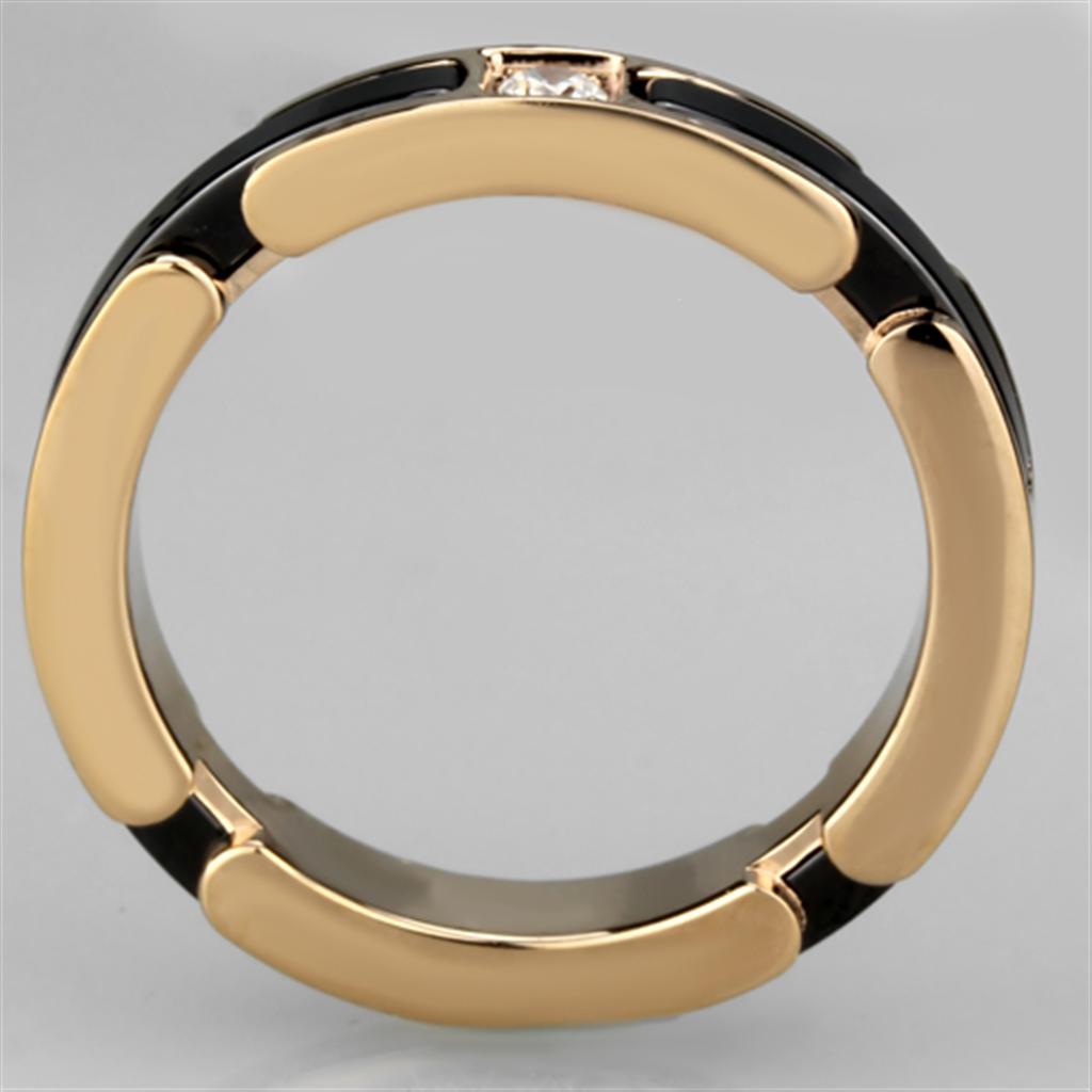 3W960 IP Rose Gold Stainless Steel Ring featuring a jet ceramic center stone, showcasing a modern and elegant design.