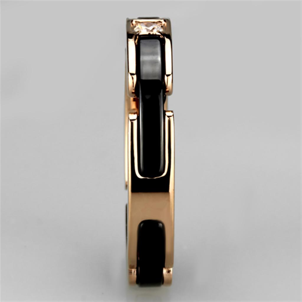 3W960 IP Rose Gold Stainless Steel Ring featuring a jet ceramic center stone, showcasing a modern and elegant design.