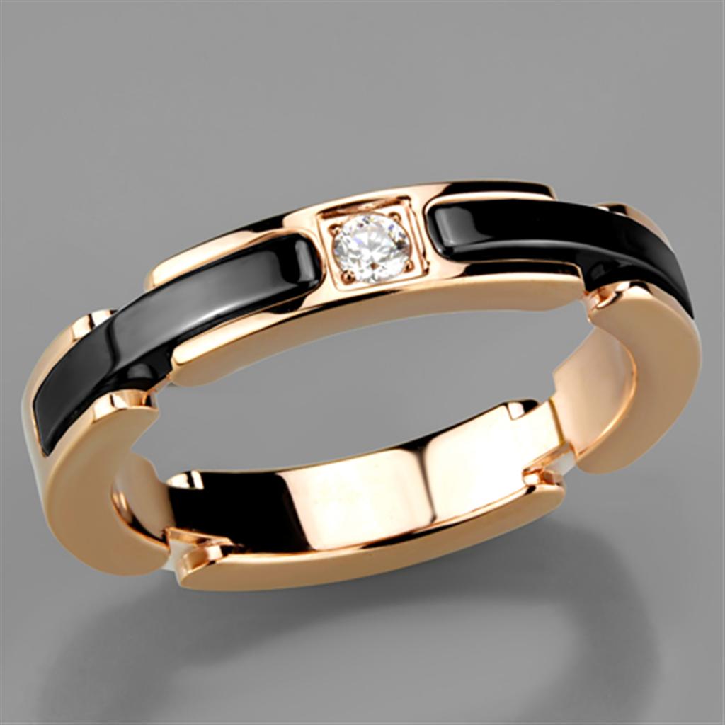 3W960 IP Rose Gold Stainless Steel Ring featuring a jet ceramic center stone, showcasing a modern and elegant design.