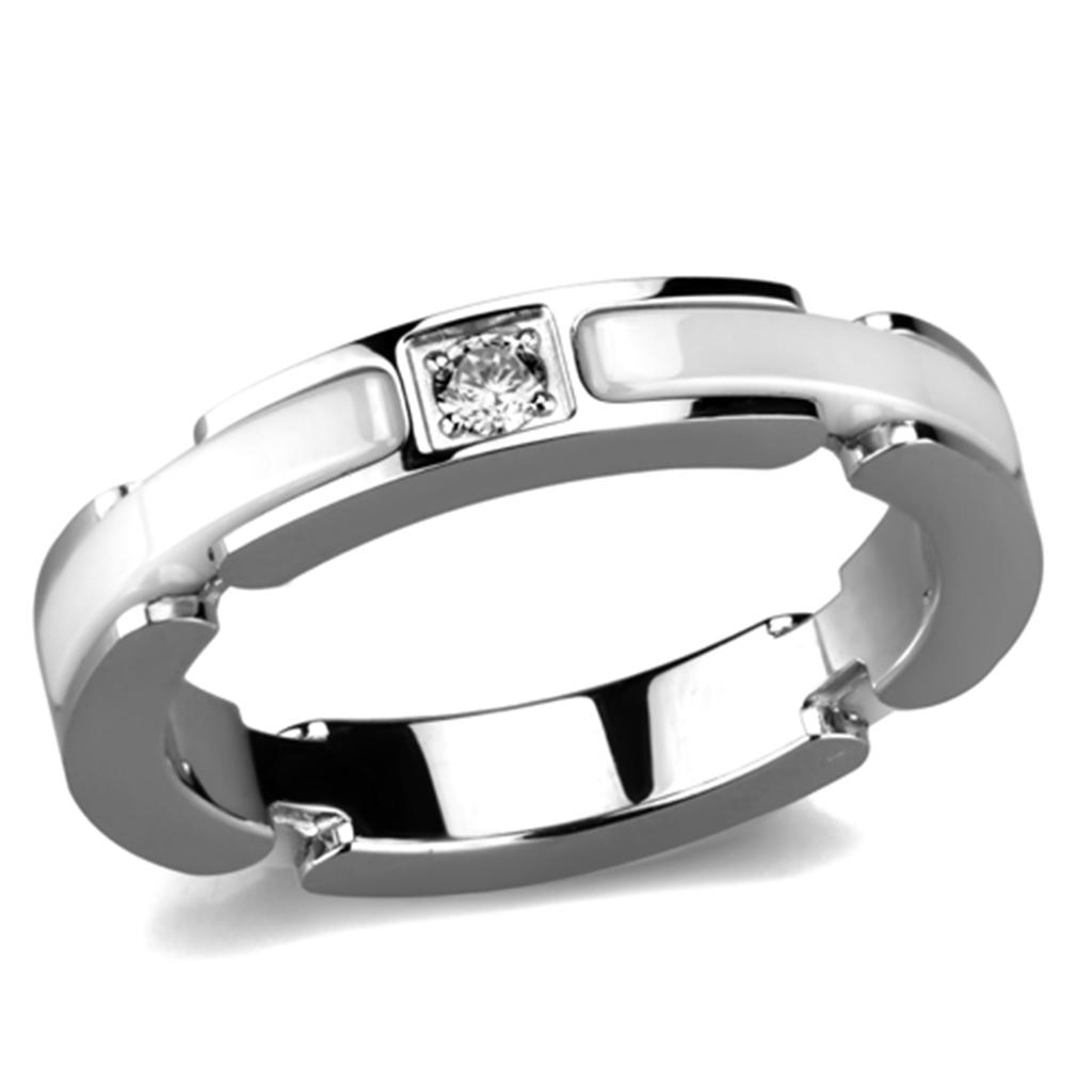 3W963 High Polished Stainless Steel Ring featuring a white ceramic center stone, showcasing a sleek and modern design.