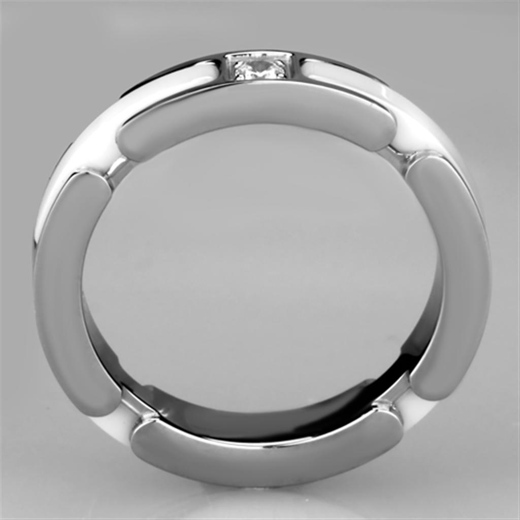 3W963 High Polished Stainless Steel Ring featuring a white ceramic center stone, showcasing a sleek and modern design.